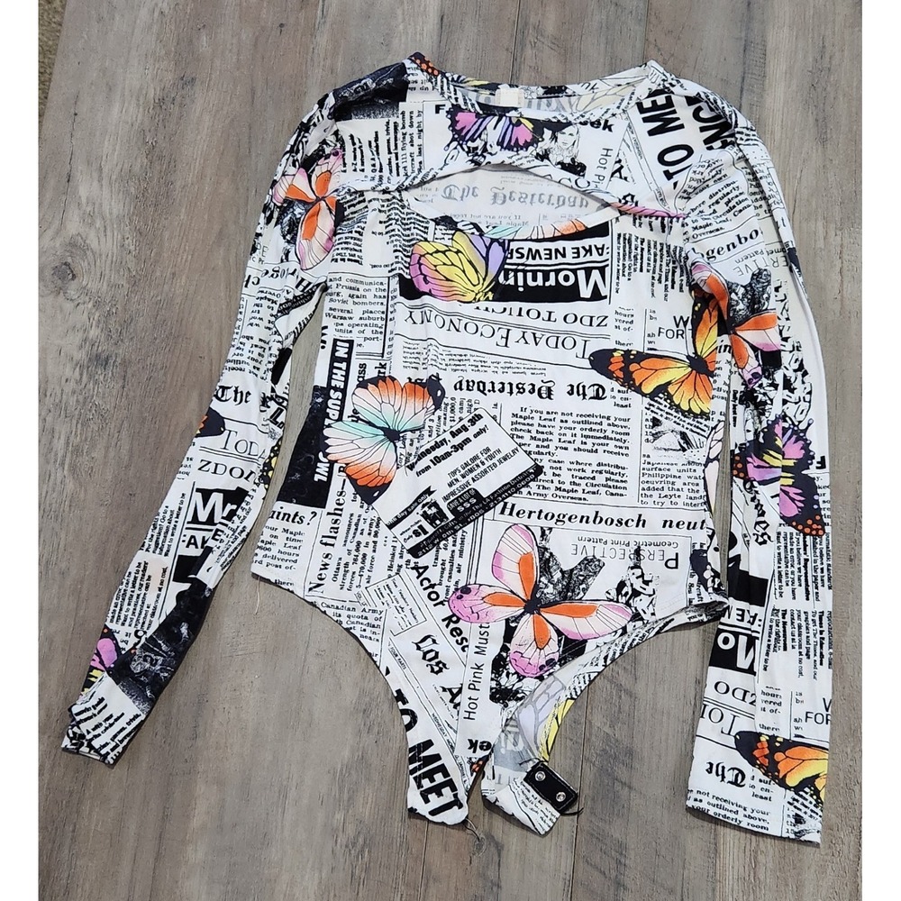Cacia Newsprint And Butterfly Pattern Long Sleeve Body Suit Top Women L